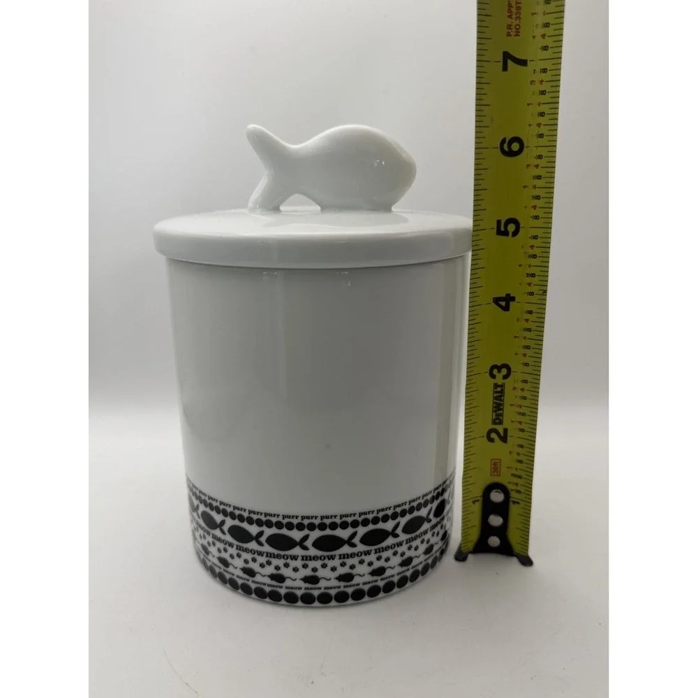 Crate & Barrel Cat Treat Canister Fish Lid Black White Ceramic 6.5